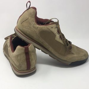 Merrell size 14, mens tan suede with maroon accent, retro tennis shoe style